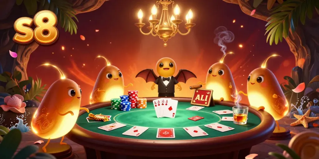 Experience the vibrant glow of s8's cave casino illuminated by glowworms and a bat dealer.