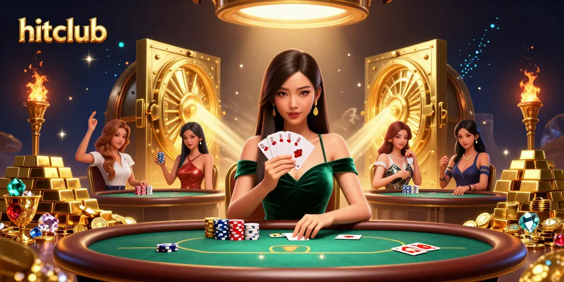 Engage in exciting hitclub gambling with a focused player at a luxury poker table, surrounded by treasures.