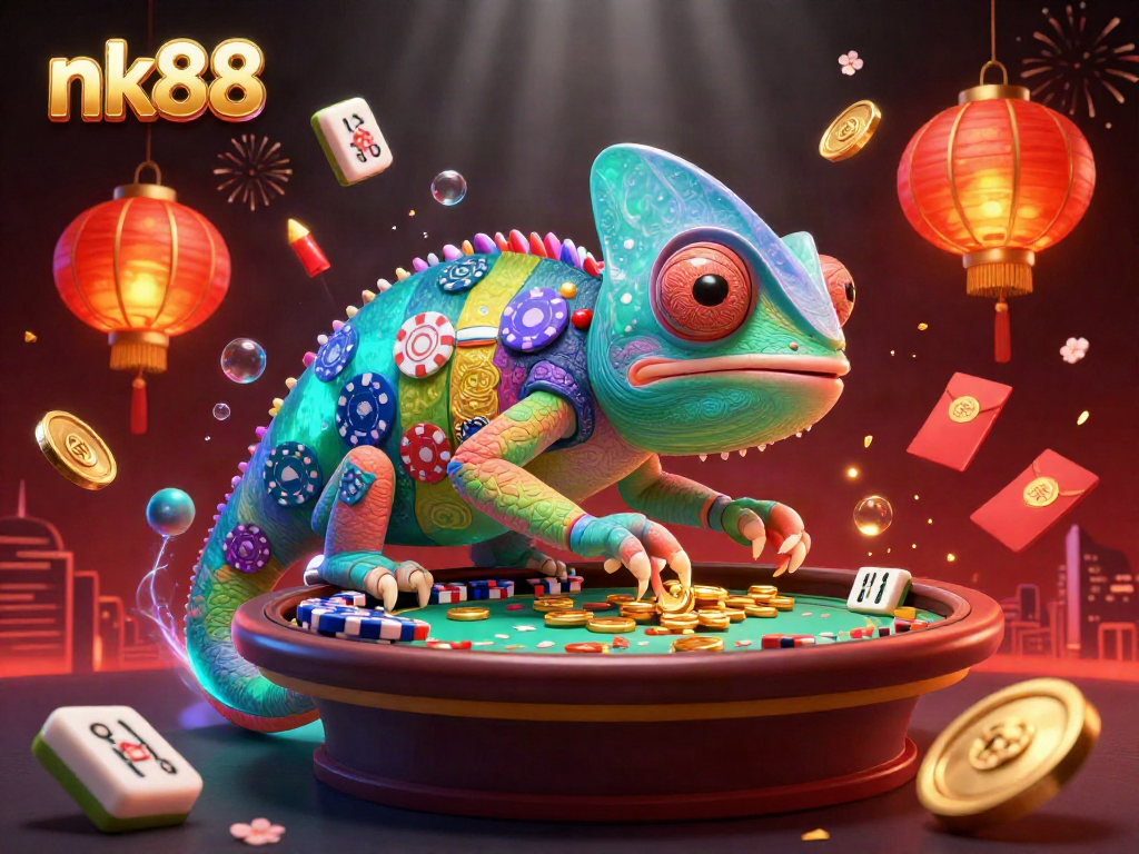 Experience thrilling gameplay with nk88, featuring vibrant casino elements and a dynamic chameleon host.