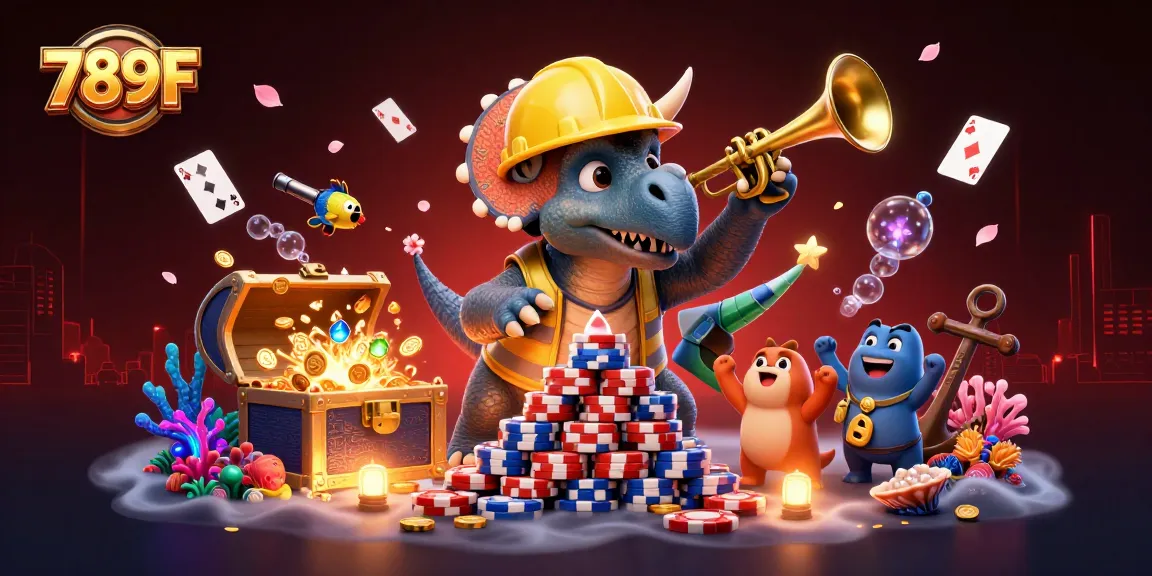 Join the fun at 789F, where cartoon dinosaurs build poker chip pyramids amid colorful gems and cheering fans!