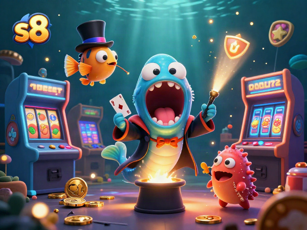 Engage with s8's casino magic featuring deep-sea creatures performing card tricks in a vibrant underwater scene