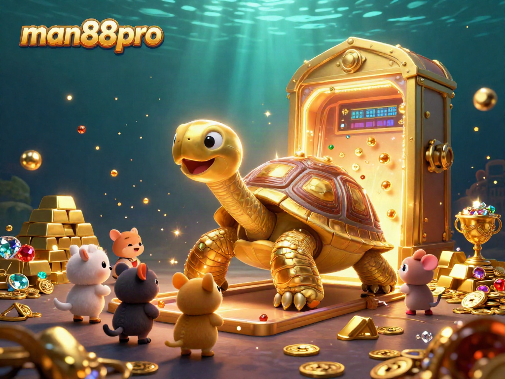 Engage in thrilling jackpot adventures with man88pro featuring a playful tortoise and treasure galore.