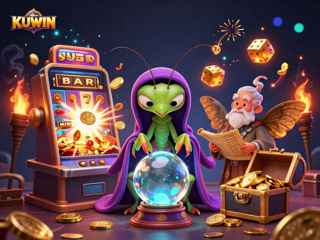 KUWIN players enjoying a vibrant casino scene with slot machines, fortune tellers, and dynamic gaming elements.