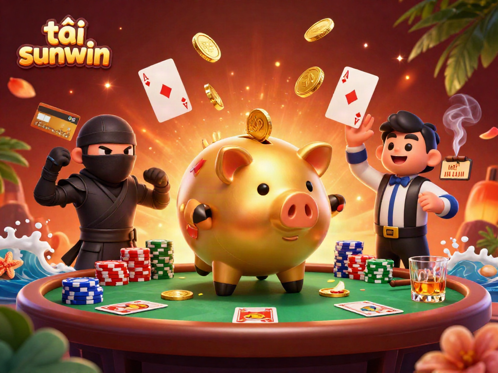 Immerse yourself in the excitement of tải sunwin with a golden piggy bank sumo wrestler, poker action, and vibrant casino elements!
