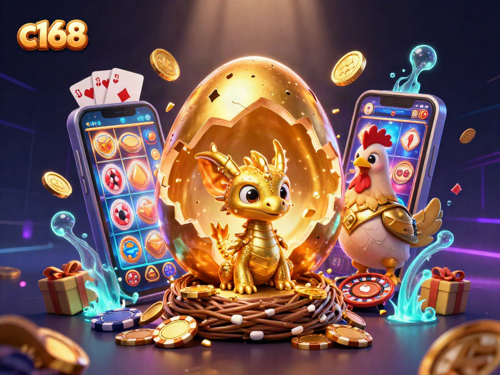 Play slots at c168 for golden rewards as a dragon reveals poker chips in vibrant 3D.