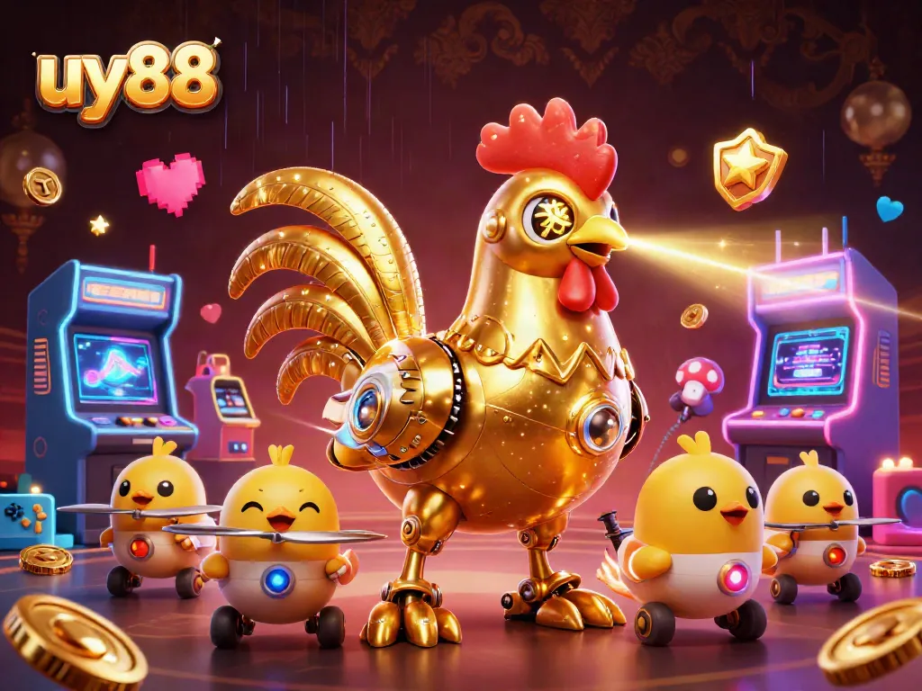 Engage in exciting gameplay with uy88 as the golden rooster robot captures laser-etched casino magic.
