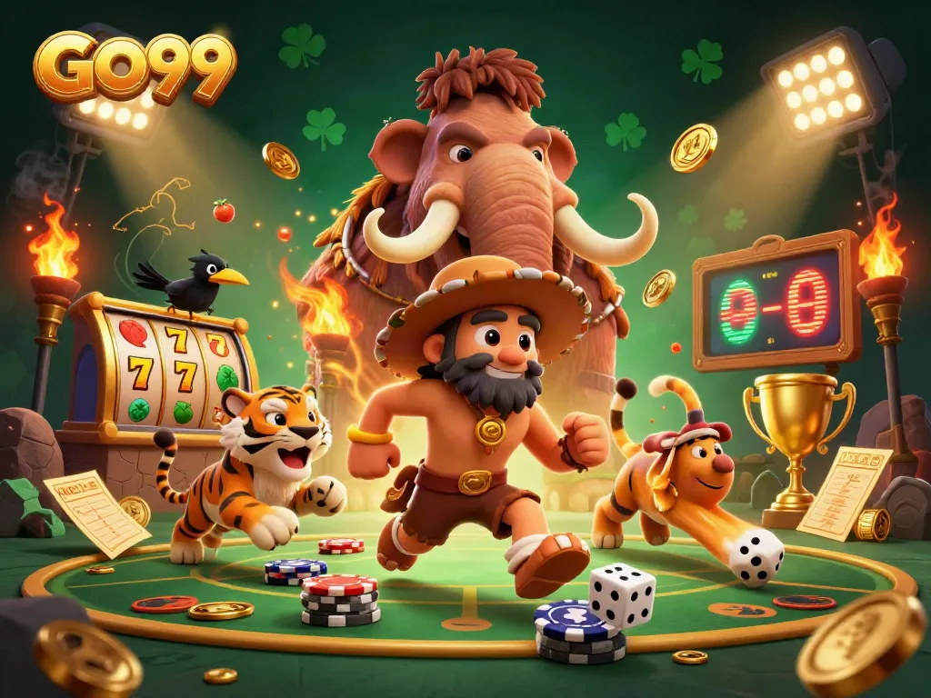 Engage with GO99's lively prehistoric casino featuring unique game elements like slot reels and golden trophies.