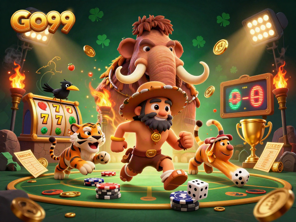Engage with GO99's lively prehistoric casino featuring unique game elements like slot reels and golden trophies.