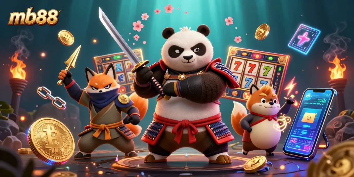 Chơi slot tại mb88 với samurai panda và fox ninja, kèm theo tiền ảo sôi động.