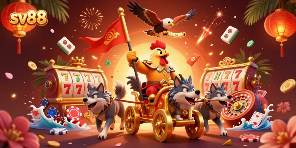 Engaging sv88 casino experience with a cartoon rooster warlord leading a golden chariot amidst dynamic gaming symbols.