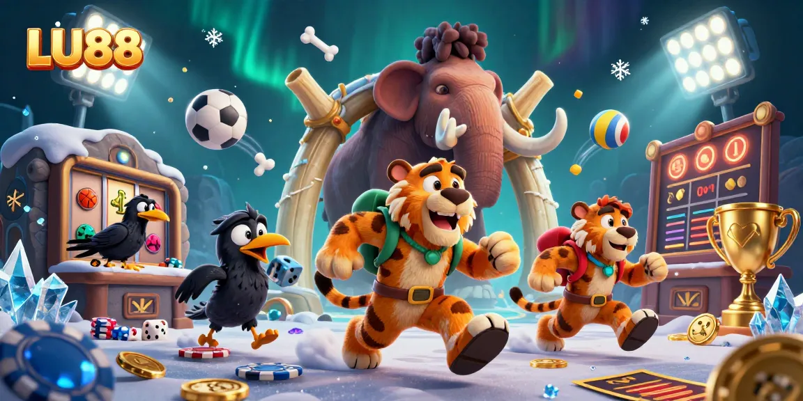 Engage with LU88 at this ultra-detailed prehistoric casino scene featuring unique characters and dynamic game elements.