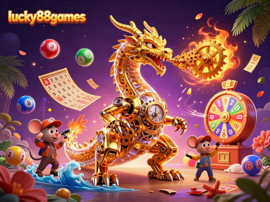 Experience the thrill of lucky88games with a dynamic scene of a golden dragon and colorful lottery elements.