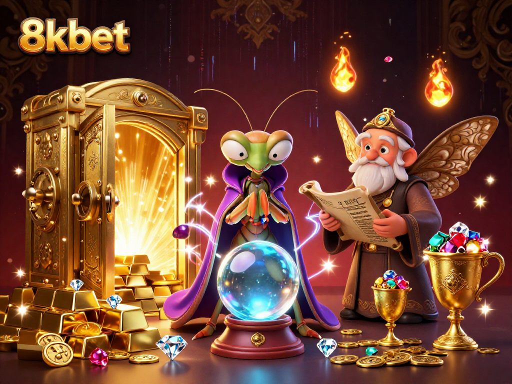 Experience the magic of 8kbet with a whimsical casino illustration showcasing fortune tellers and treasures.