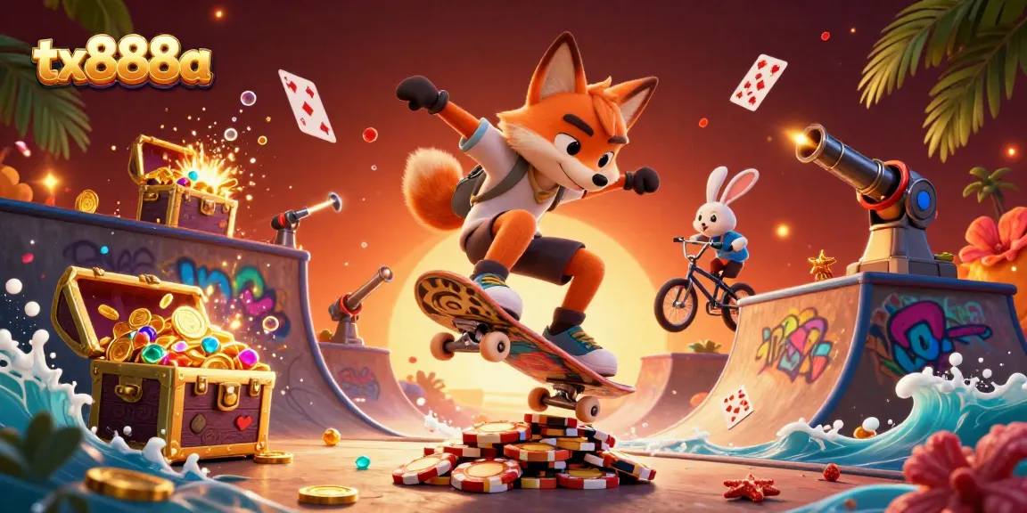 Experience thrilling action at tx888a with a 3D cartoon skateboarder fox and a BMX rabbit amidst colorful casino elements.