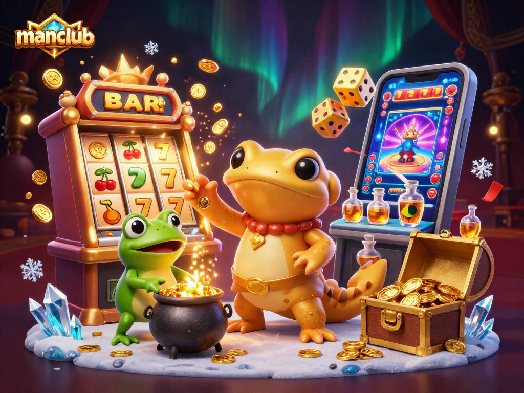 Join the manclub in a vibrant 3D-rendered casino scene full of golden treasures and exciting games.