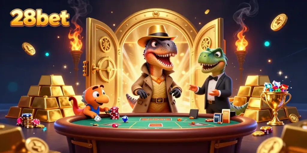 28bet velociraptor engages at blackjack table amidst treasure and gems, showcasing casino excitement.