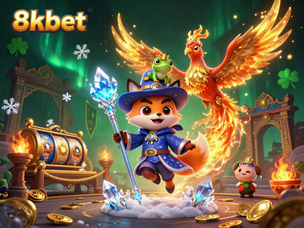 Experience the thrilling magic of 8xbet with a wizard fox and phoenix in an enchanting casino scene.