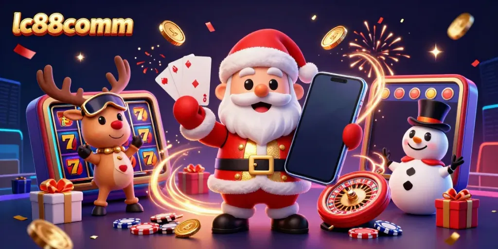 Experience the thrill of LC88comm with festive characters celebrating jackpot slots at a vibrant casino