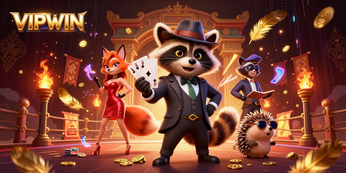 VIPWIN showcases a raccoon in a suit winning with a royal flush at a dynamic casino scene.