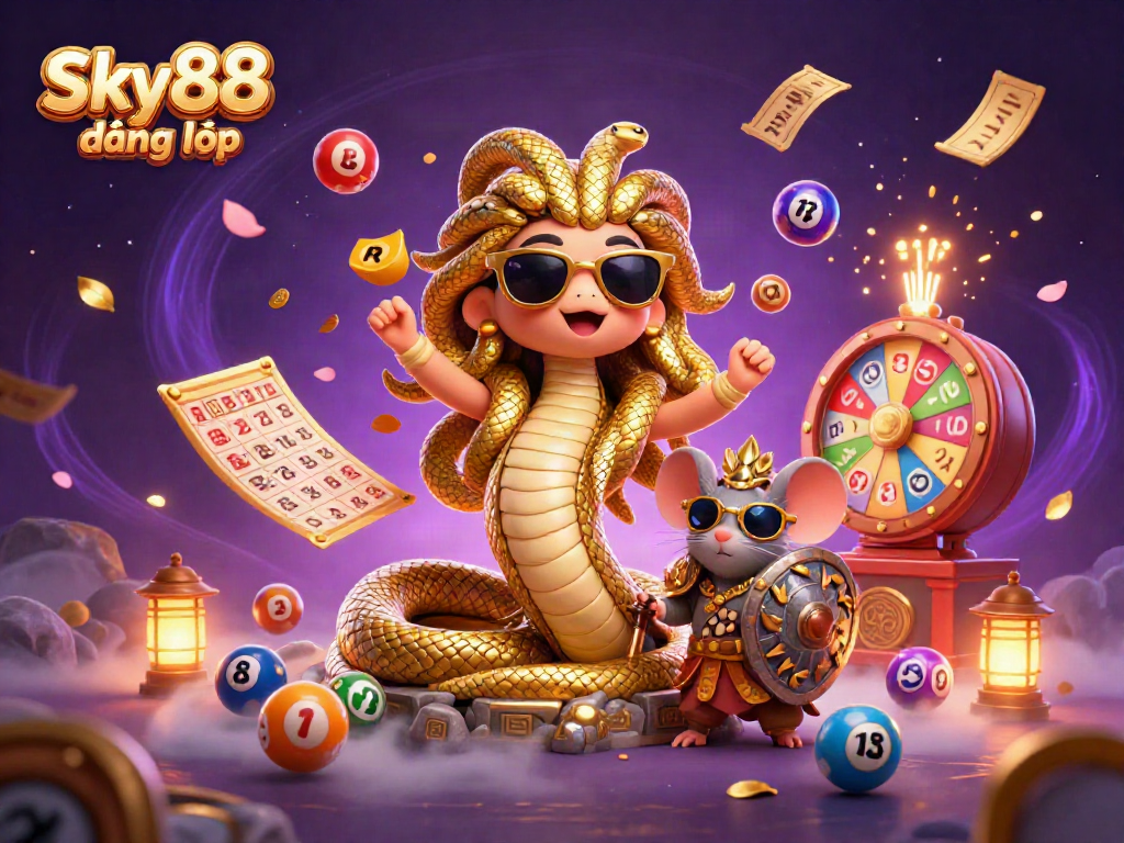 Experience Sky88 đăng nhập in an engaging 3D illustration featuring lottery balls, a friendly Medusa, and festive prizes.