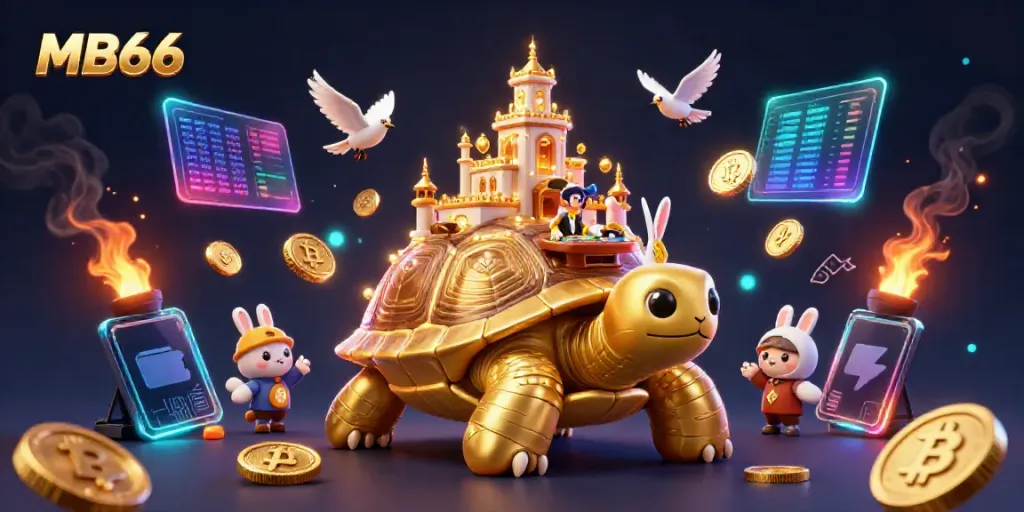 Experience the thrilling world of MB66 with a vibrant casino scene featuring a turtle palace and a rabbit dealer.