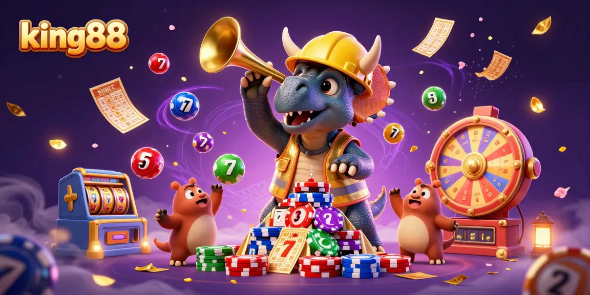 Experience the excitement of king88 with a festive 3D casino scene featuring cheering dinosaurs and dynamic game elements.