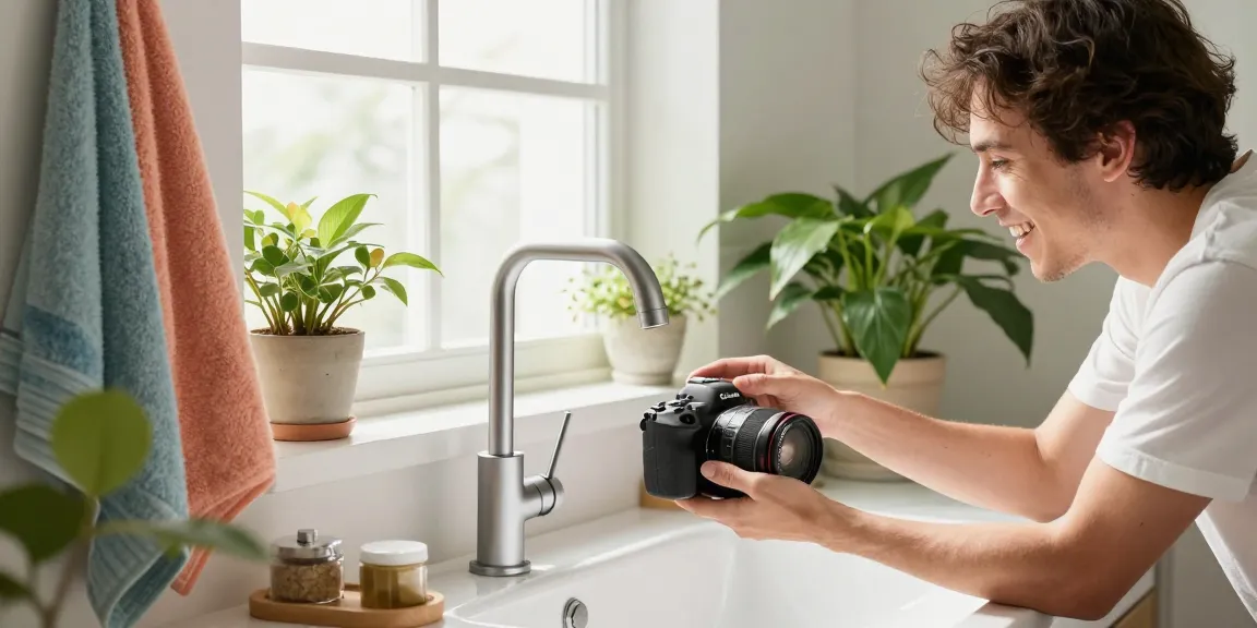 Moderne Sanitear kranen in een stijlvolle badkamer met een tevreden persoon.