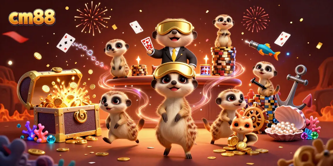 Experience the thrill at cm88 with a vibrant meerkat casino illustration featuring games and treasures galore.