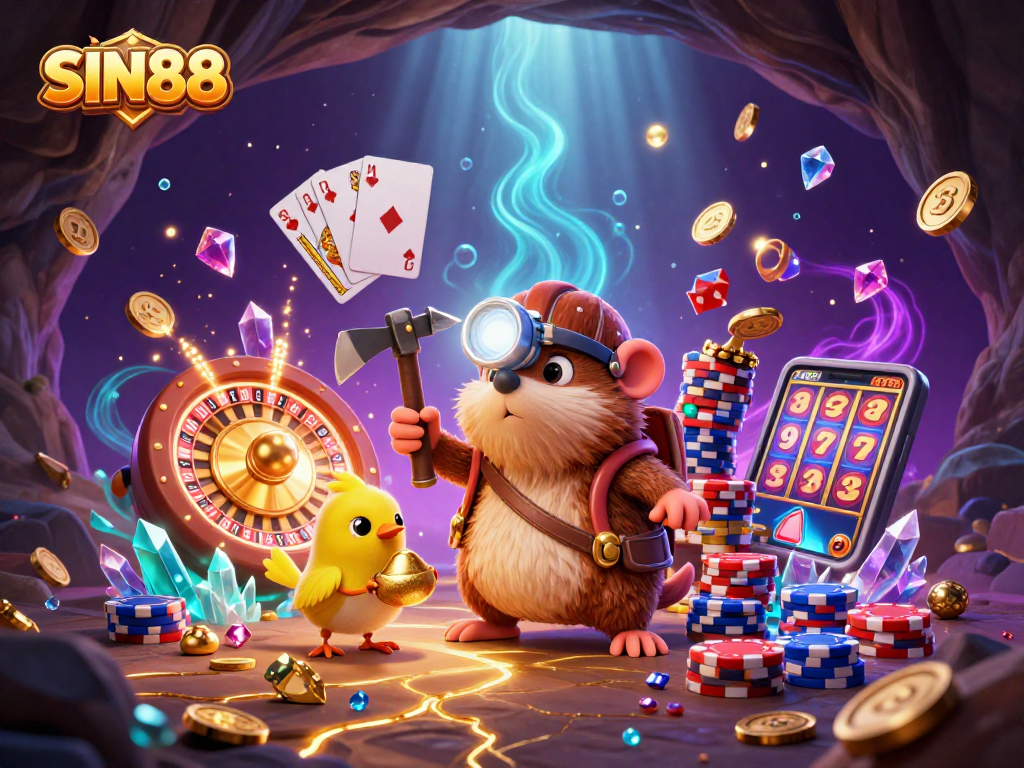 SIN88: Enter the vibrant casino realm with a treasure hunter mole amidst golden coins, roulette wheel, and poker chips.