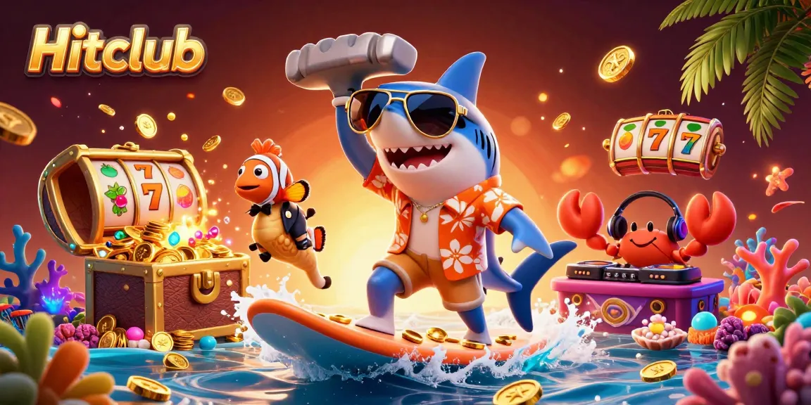 Hitclub delivers excitement with a unique 3D casino-themed illustration of a surfing shark and vibrant game elements.
