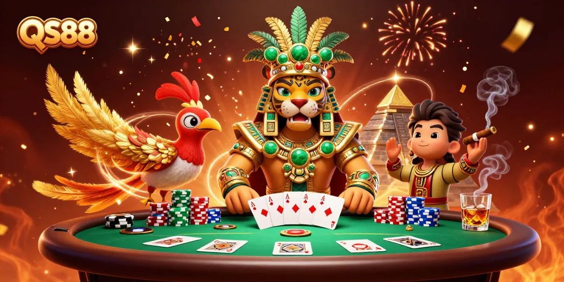 Hình ảnh QS88 thể hiện chiến thắng tại casino với bộ bài và chip poker.