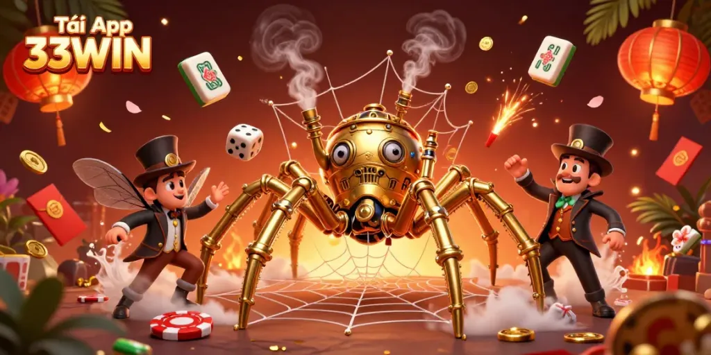 Experience thrilling luck with Tải App 33WIN, a vibrant casino adventure featuring a steampunk spider.