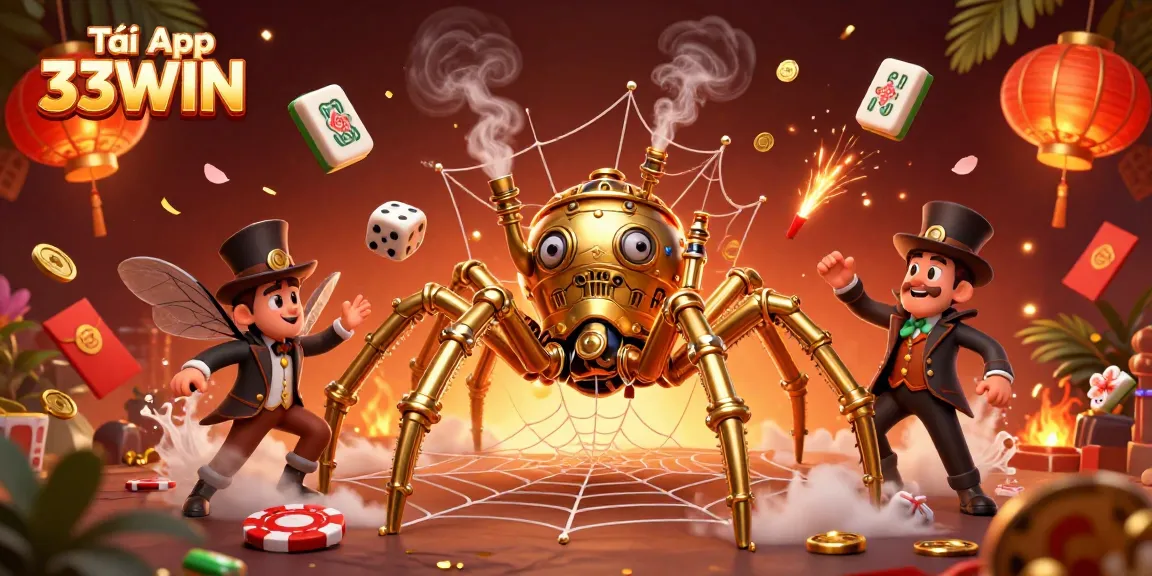 Experience thrilling luck with Tải App 33WIN, a vibrant casino adventure featuring a steampunk spider.