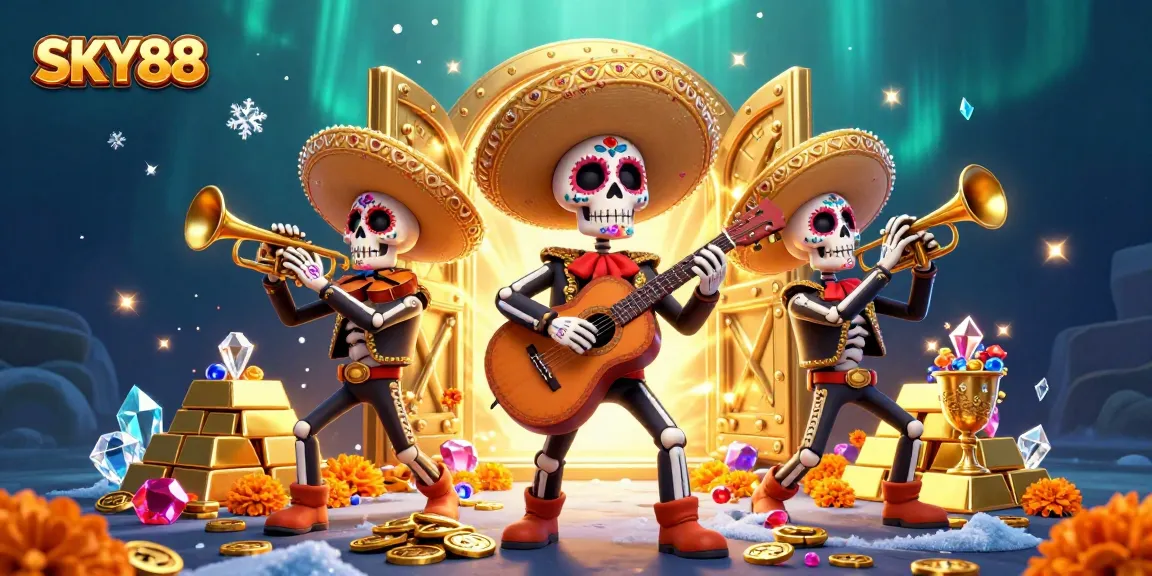 SKY88 celebrates wins with colorful skeleton band amidst a treasure-filled casino scene.