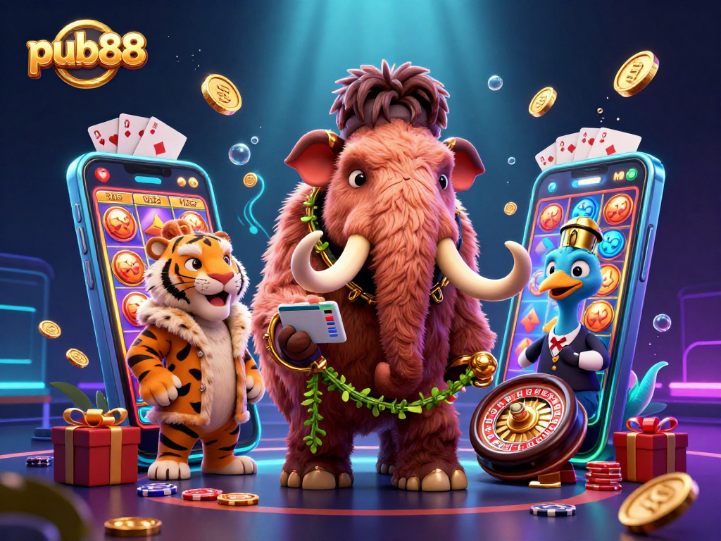 Join pub88 at a vibrant casino scene featuring a woolly mammoth bouncer and lively gaming elements.
