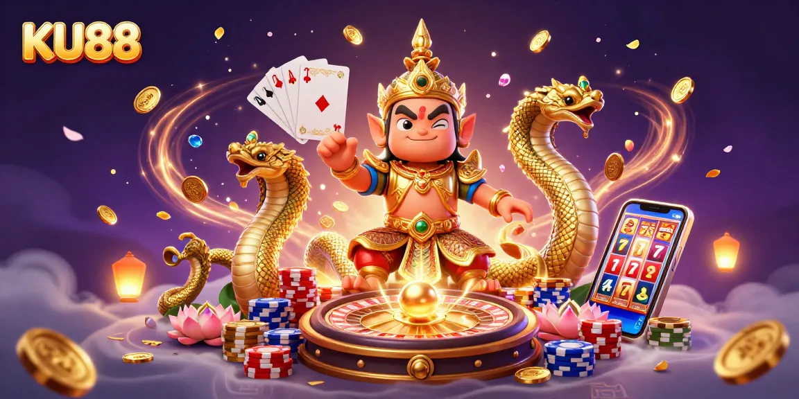 Experience the excitement of KU88 with a dynamic 3D casino scene featuring playful guardian characters and rich casino elements.