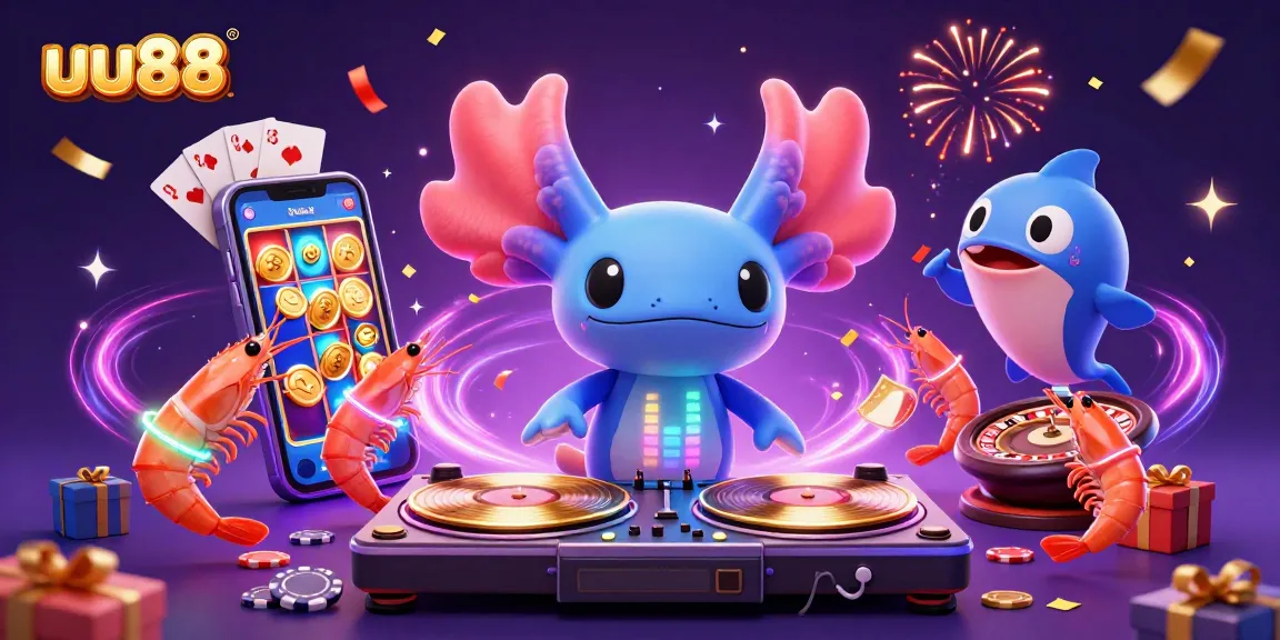uu88 offers vibrant gambling fun with a lively axolotl DJ and colorful casino elements in a dynamic scene.