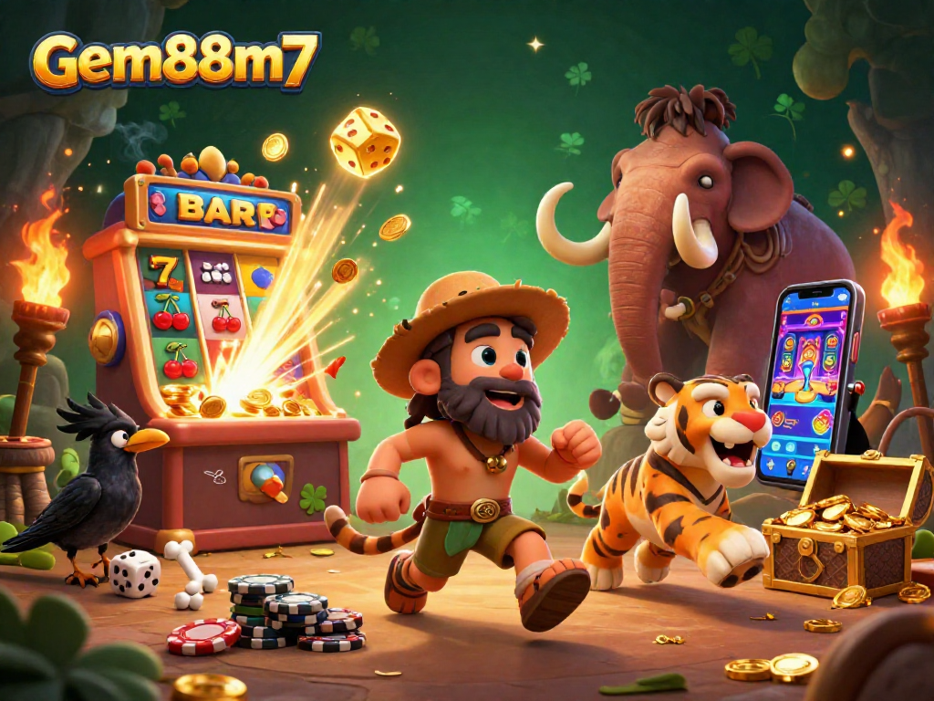 Experience thrilling gameplay at gem88m7 with a dynamic prehistoric casino featuring vivid 3D characters and exciting elements.