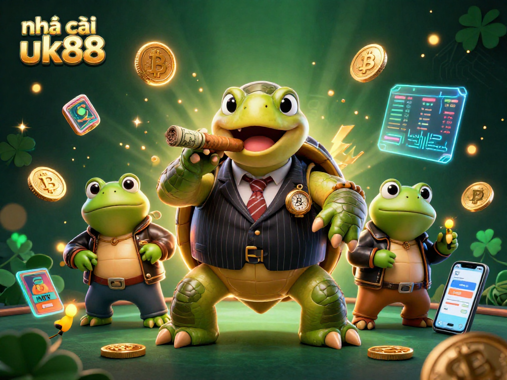 Engage with nhà cái uk88 in this spectacular casino adventure illustration featuring lively 3D characters and crypto elements.