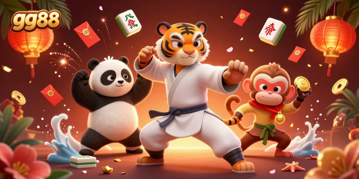 Experience exciting gameplay at gg88 with a 3D illustration of a kung fu tiger master and his disciples.