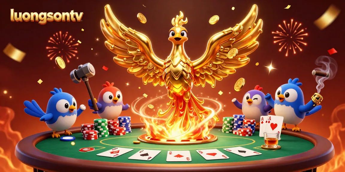 Experience thrilling gaming with luongsontv's dynamic poker scene featuring golden phoenix and assistants.