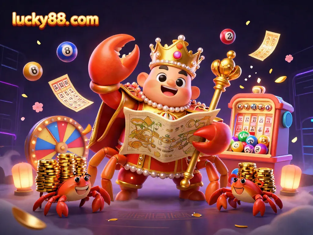 Experience thrilling wins at lucky88. com with a dynamic 3D illustration showcasing a golden crab emperor surrounded by vibrant casino elements.