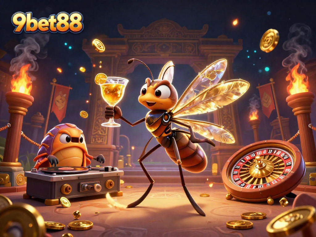 Experience excitement at 9bet88 with this vibrant casino-themed illustration featuring an animated mosquito mascot.