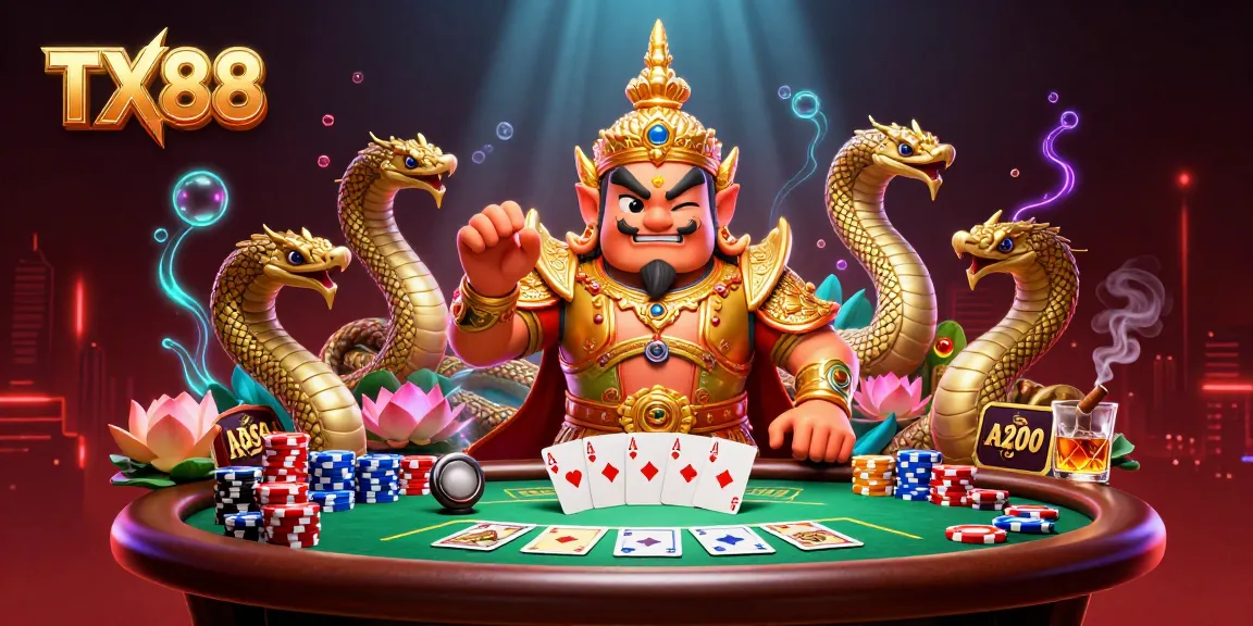 TX88 brings to life a vibrant scene with a Thai guardian, poker elements, and casino excitement.