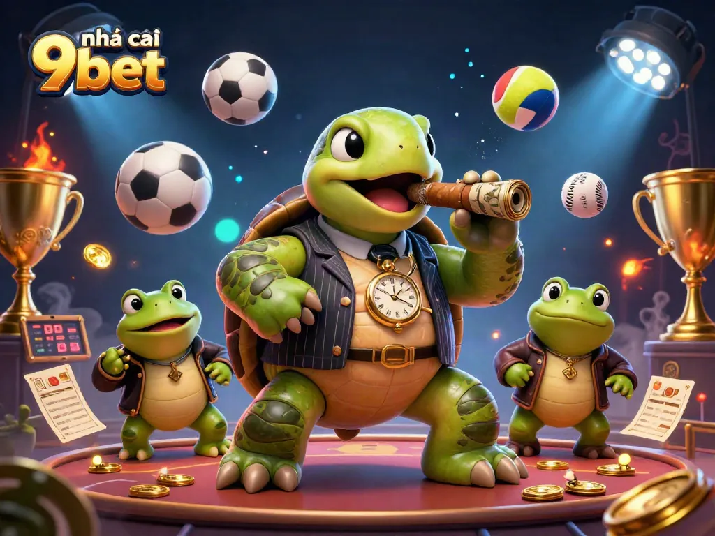 Engage with the action of nhà cái 9bet, featured in this vibrant gambling scene with dynamic elements.