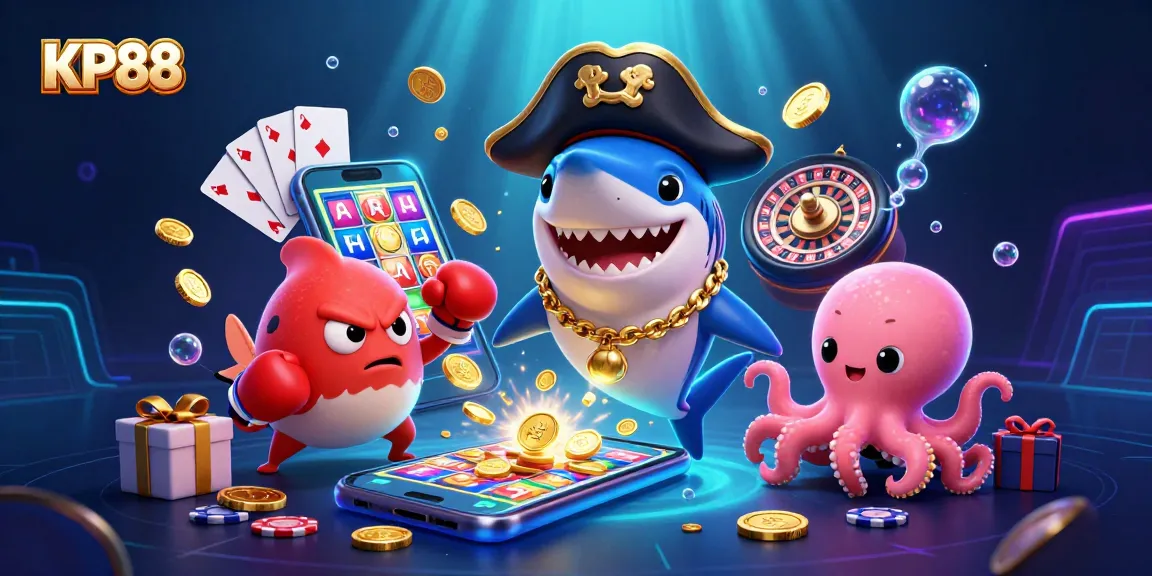 Play games at KP88 with 3D characters and vibrant casino elements in a colorful scene.