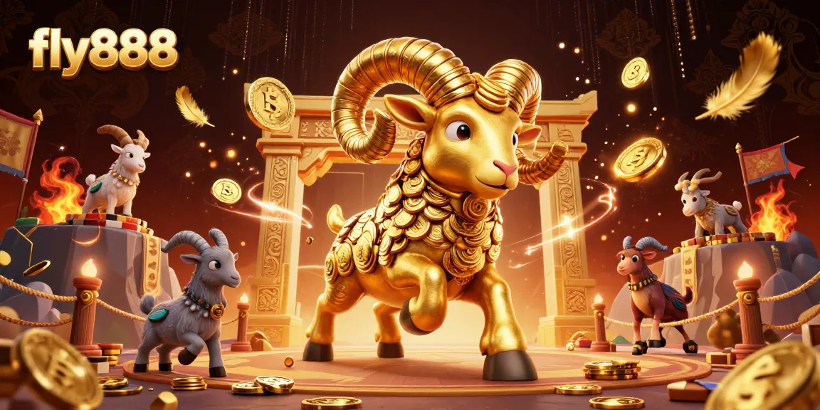 Experience excitement at fly888 with a golden ram charging through a dynamic casino scene filled with game elements.