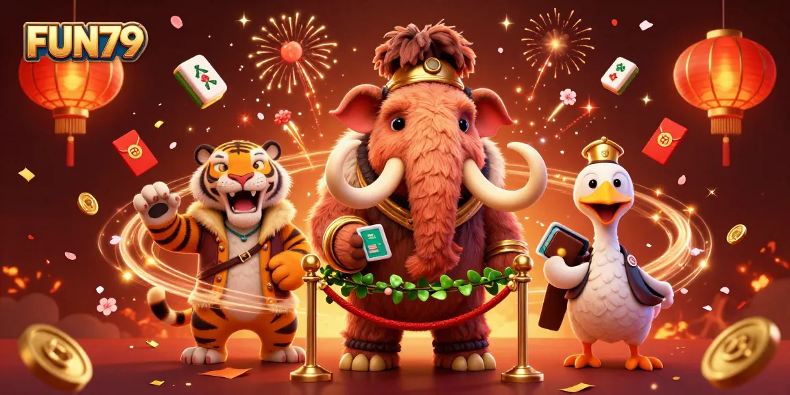 Join FUN79 for thrilling gaming experiences with a mammoth bouncer at the vibrant casino entrance.