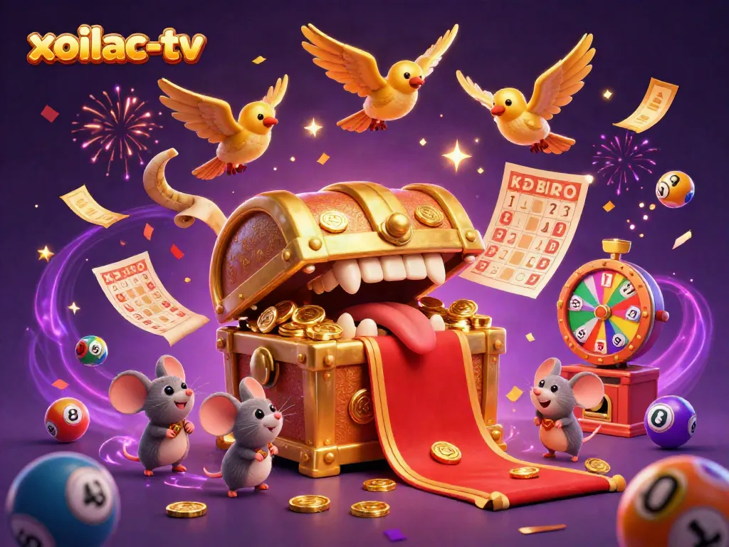The dynamic illustration of xoilac-tv features a golden treasure chest, cartoon mice, and colorful lottery elements in a festive atmosphere.