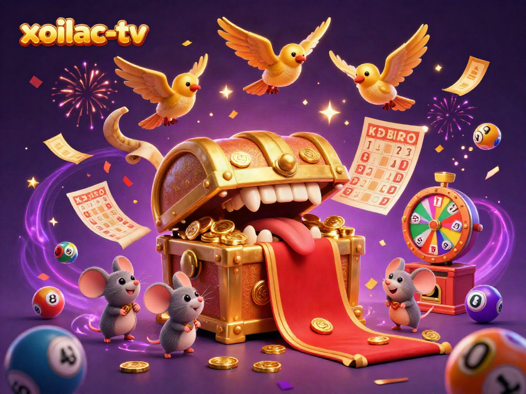 The dynamic illustration of xoilac-tv features a golden treasure chest, cartoon mice, and colorful lottery elements in a festive atmosphere.